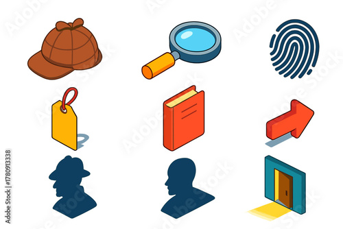 Detective Elements Icons. Isometric vector illustration set Comic book elements – detective hat, magnifying glass, fingerprint