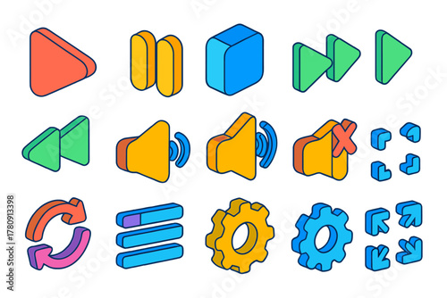 Streaming UI Icons. Isometric vector illustration set Streaming UI Icons: play button, pause icon, stop square, skip forward, skip