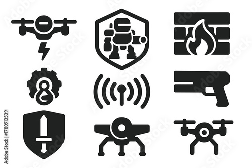 Anti-AI Defense Icons. Solid style icons of anti-AI defense units: EMP drone icon, disruptor mech badge, logic firewall panel.