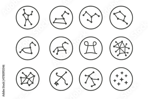 Constellation Line Icons. Line style icons of constellations in round shape: Orion, Ursa Major, Cassiopeia, Scorpius; Leo, Gemini,