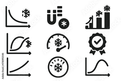 Cooling Performance Icons. Solid style icons of cooling performance metrics: temperature drop graph, efficiency bar with magnet,