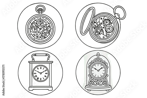 Vintage Timepiece Icons. Line style icons of vintage timepieces in round shape: skeleton watch, open movement pocket watch,