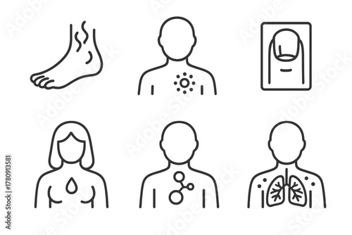 Fungal Disease Icons. Line style icons of fungal diseases in humans: athlete’s foot symbol, yeast infection, ringworm rash, fungal