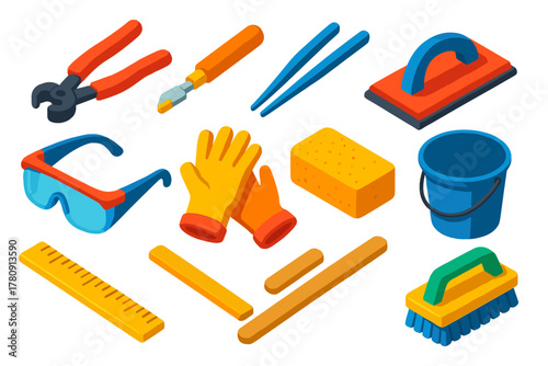 Mosaic Craft Tools. Isometric vector illustration set Mosaic Craft Tools Icons: tile nippers, glass cutter, tweezers, adhesive