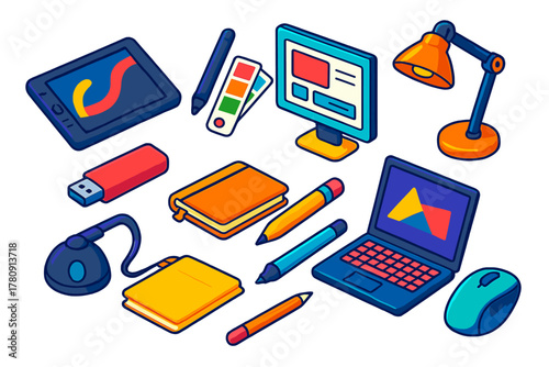 Design Tool Icons. Isometric vector illustration set design tools for graphic designers and creatives: creative pen display,