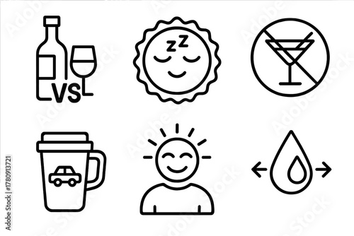 Comparison Symbols Icons. Line style icons of comparison symbols: vs. alcohol icon, better sleep badge, no buzz symbol,