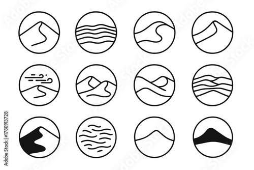 Diverse Sand Dunes. Line style icons of sand dunes in round shape: tall dune, ripple dune, curved ridge, steep slope; wind-blown