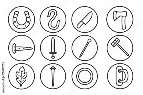 Forged Items Icons. Line style icons of forged items in round shape: horseshoe, iron hook, knife blade, axe head; gate hinge,