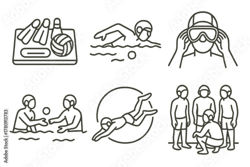 Diving Team Icons. Line style icons of team preparation: gear layout before match, warm-up fin swim, mask adjustment moment, puck