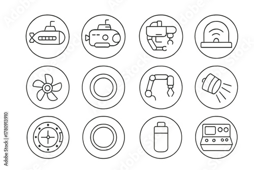 Submarine Iconography. Line style icons of submarines and equipment in round shape: research submarine, manned submersible,