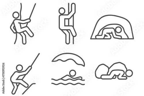 Exploration Techniques Icons. Line style icons of exploration techniques: rappelling, chimney climbing, crawling, handline descent
