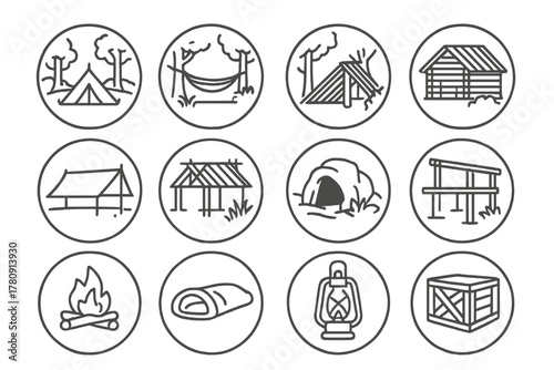 Jungle Shelter Icons. Line style icons of jungle shelters in round shape: tent in clearing, hammock between trees, lean-to shelter