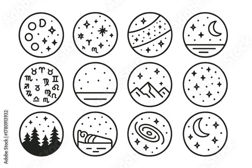 Cosmic Night Silhouettes. Line style icons of night sky in round shape: moon phases, starscape, milky way band, twilight sky;