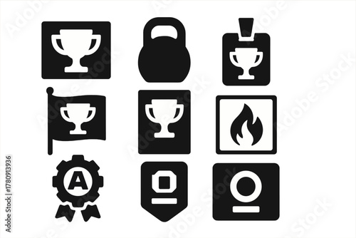 Championship Branding Icons. Solid style icons of championship branding elements: event logo panel, stylized iron icon, press