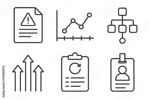 Incident Tracking Icons. Line style icons of incident tracking and logs: incident report sheet, event timeline chart, root cause
