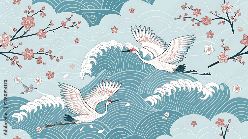 Obraz premium Elegant Japanese Style Illustration of Cranes and Cherry Blossoms Over Water
