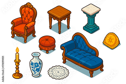 Antique Furniture Icons. Isometric vector illustration set Antique furniture – Victorian armchair, carved wooden side table,