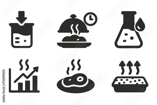 Rehydration Experiment Icons. Solid style icons of rehydration experiments: water beaker with arrow, time-restored meal, liquid