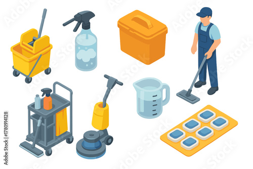 Cleaning Supplies Isometric Set. Isometric vector illustration set of Cleaning Services: mop squeeze tray, foaming wand bottle,