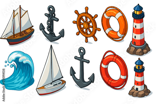 Nautical Symbols Icons. Isometric vector illustration set nautical symbols: schooner sailboat, heavy chain anchor, glossy wooden