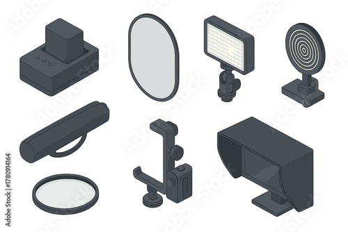 Photography Equipment Set. Isometric vector illustration set of Camera and Photography: battery charger, collapsible background,