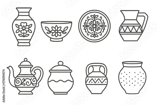 Ceramic Icon Collection. Line style icons of decorative ceramics in round shape: painted vase, floral pattern bowl, etched plate,