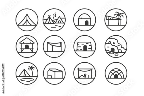 Desert Dwellings Icons. Line style icons of desert dwellings in round shape: tent, nomad camp, mud hut, palm shelter; shaded hut,