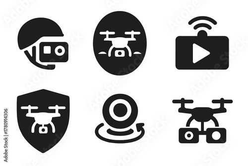 Aerial Filming Icons. Solid style icons of aerial camera and filming: helmet cam icon, drone in sky badge, video panel loop.