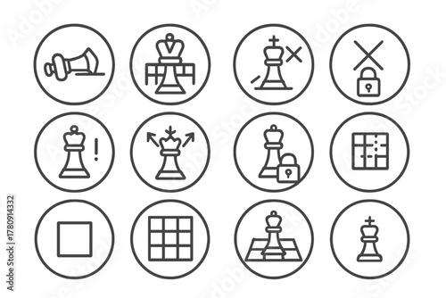 Checkmate Line Icons. Line style icons of checkmate in round shape: fallen king, captured queen, last move, check indicator; cross