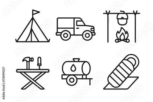 Camping Essentials Icons. Line style icons of bivouac and camping: tent with flag, support truck, campfire setup, folding table