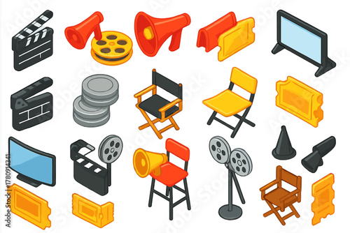Filmmaking Elements Icons. Isometric vector illustration set filmmaking elements: angled striped clapperboard, gold metal film