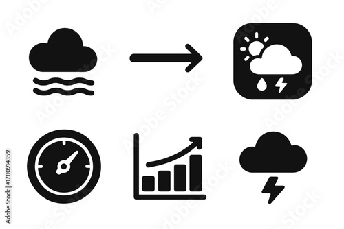 Space Weather Icons. Solid style icons of weather monitoring in space diving: pressure cloud glyph, wind arrow icon, forecast
