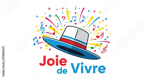 Joyful Illustration of a Hat with Confetti and Music Notes Representing Joie de Vivre