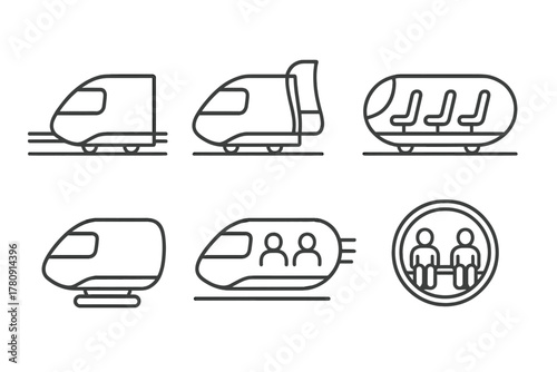Hyperloop Pod Icons. Line style icons of hyperloop pods at station: stationary pod at dock, pod door opening, empty pod with seats