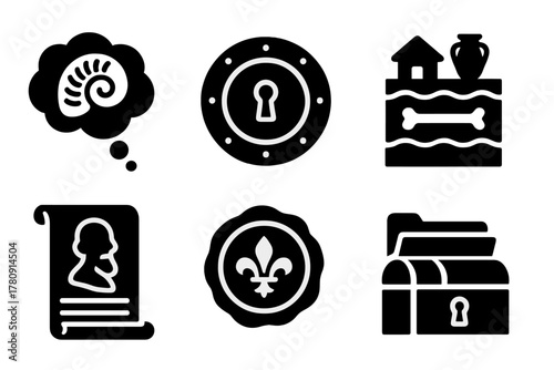 Institutional Memory Icons. Solid style icons of institutional memory: thought bubble with fossil, memory vault badge, cultural