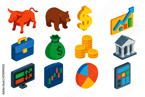 Wall Street Icons. Isometric vector illustration set Wall Street Icons: bull, bear, dollar sign, growth chart, briefcase, money
