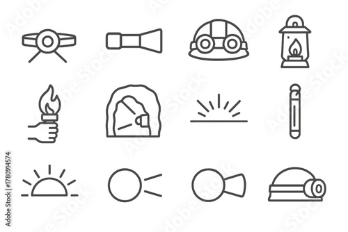 Light Source Icons. Line style icons of light sources in round shape: headlamp beam, handheld flashlight, helmet with dual lights,