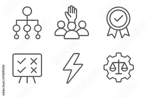 Agile Decision-Making Icons. Line style icons of decision-making in Agile: decentralized choice tree, team vote icon, consensus