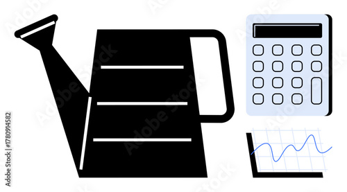 Watering can symbolizing nurturing growth, calculator for financial planning, and graph indicating upward trends. Ideal for finance, business growth, analysis, sustainability, investment