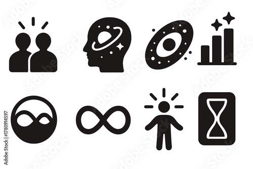 Transcendence Icons. Solid style icons of self-transcendence states: merging light glyph, cosmic mind icon, universal field ring.