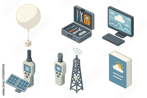 Meteorology Tools Isometric Set. Isometric vector illustration set of Meteorology tools: high-altitude weather balloon,