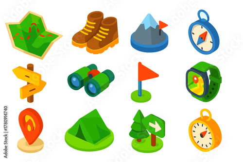 Vibrant Hiking Icons. Isometric vector illustration set Hiking and Outdoor Navigation Icons: trail map, hiking boots, mountain