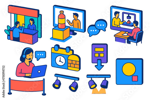 Virtual Expo Icons. Isometric vector illustration set Virtual meetings – virtual expo booth, product showcase icon, live demo icon