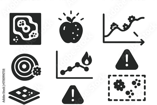 Food Spoilage Icons. Solid style icons of food spoilage detection: microbial hotspot heatmap, early decay glow, mold signature