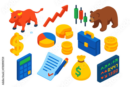 Finance Symbols Collection. Isometric vector illustration set Exchange Icons: bull, bear, rising arrow, dollar sign, candlestick