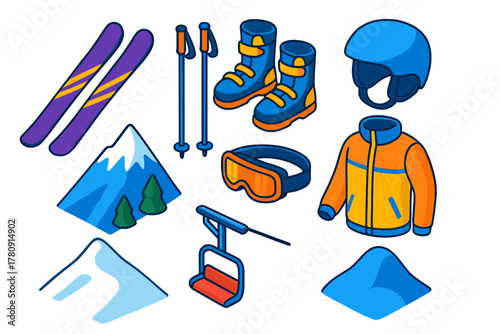 Ski Adventure Icons. Isometric vector illustration set Outdoor sports – skiing skis, ski poles, ski boots; helmet, ski goggles,