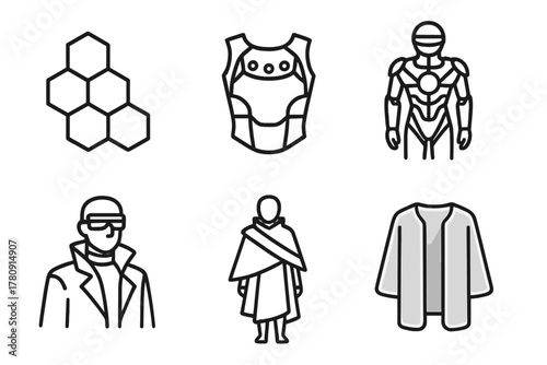 Futuristic Fashion Icons. Line style icons of futuristic fashion aesthetics: hexagonal textile layout, transparent armor-style top