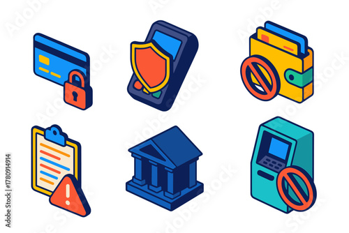 Data Privacy Icons. Isometric vector illustration set Data privacy – credit card with lock, payment terminal shield, NFC pay