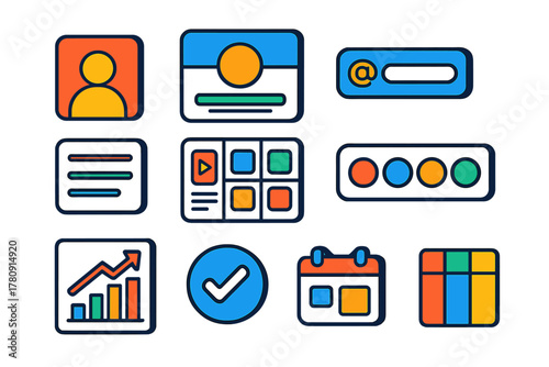 Vibrant Social Media Icons. Isometric vector illustration set Social Branding Icons: profile avatar, cover photo, username tag,