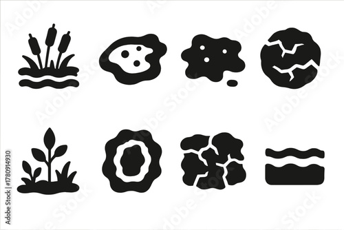 Terrain Risk Icons. Solid style icons of terrain types with risk: swamp bed glyph, sand pit icon, wet mud badge. Clay patch ring,